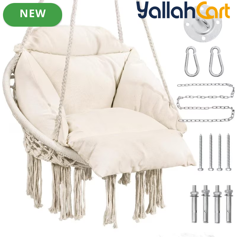 XX-Large Macrame Hanging Rocking Chair with Pillow