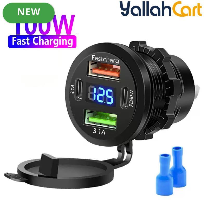 100W 4-Port Car Charger 12V-24V Dual PD Fast Charging with Digital Display