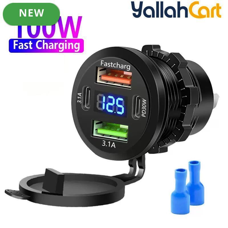 100W 4-Port Car Charger 12V-24V Dual PD Fast Charging with Digital Display