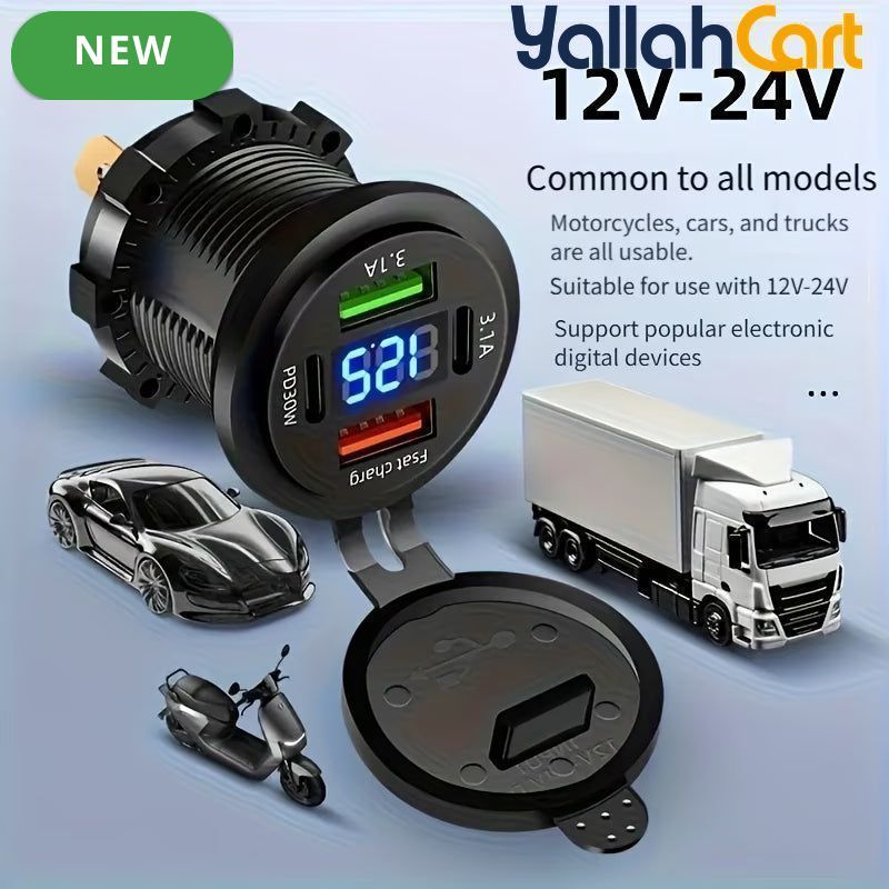 100W 4-Port Car Charger 12V-24V Dual PD Fast Charging with Digital Display