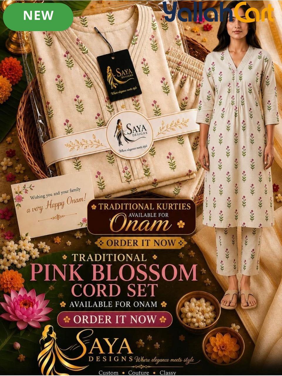 Pink Blossom Co-Ord Set – Traditional Kerala Wear for Onam & Festive Occasions