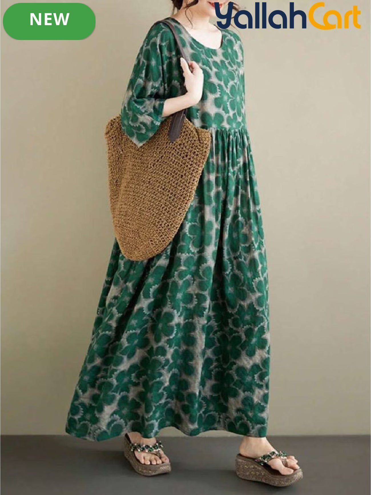 Elegant Long Women's Summer Dress – Green Floral A-Line Dress