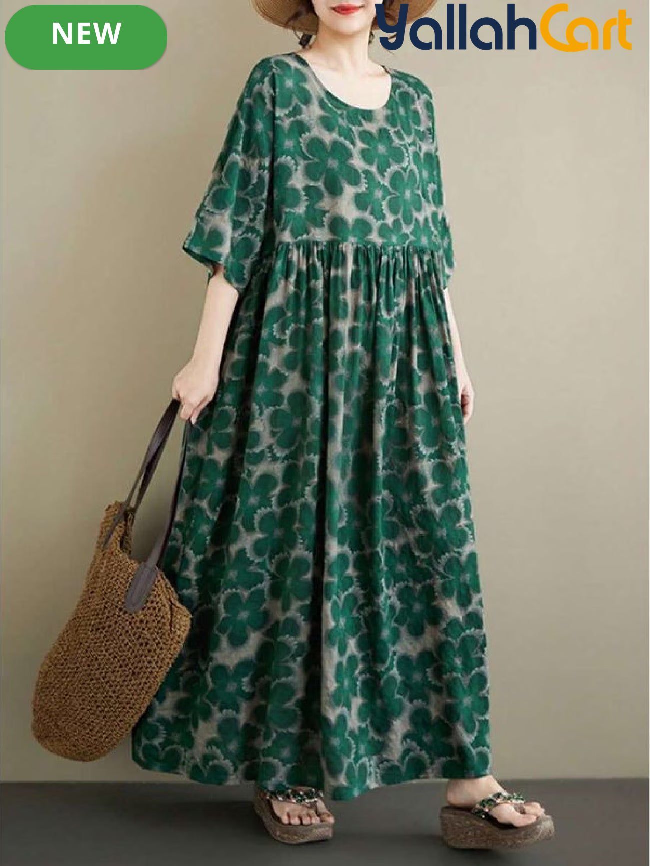 Elegant Long Women's Summer Dress – Green Floral A-Line Dress