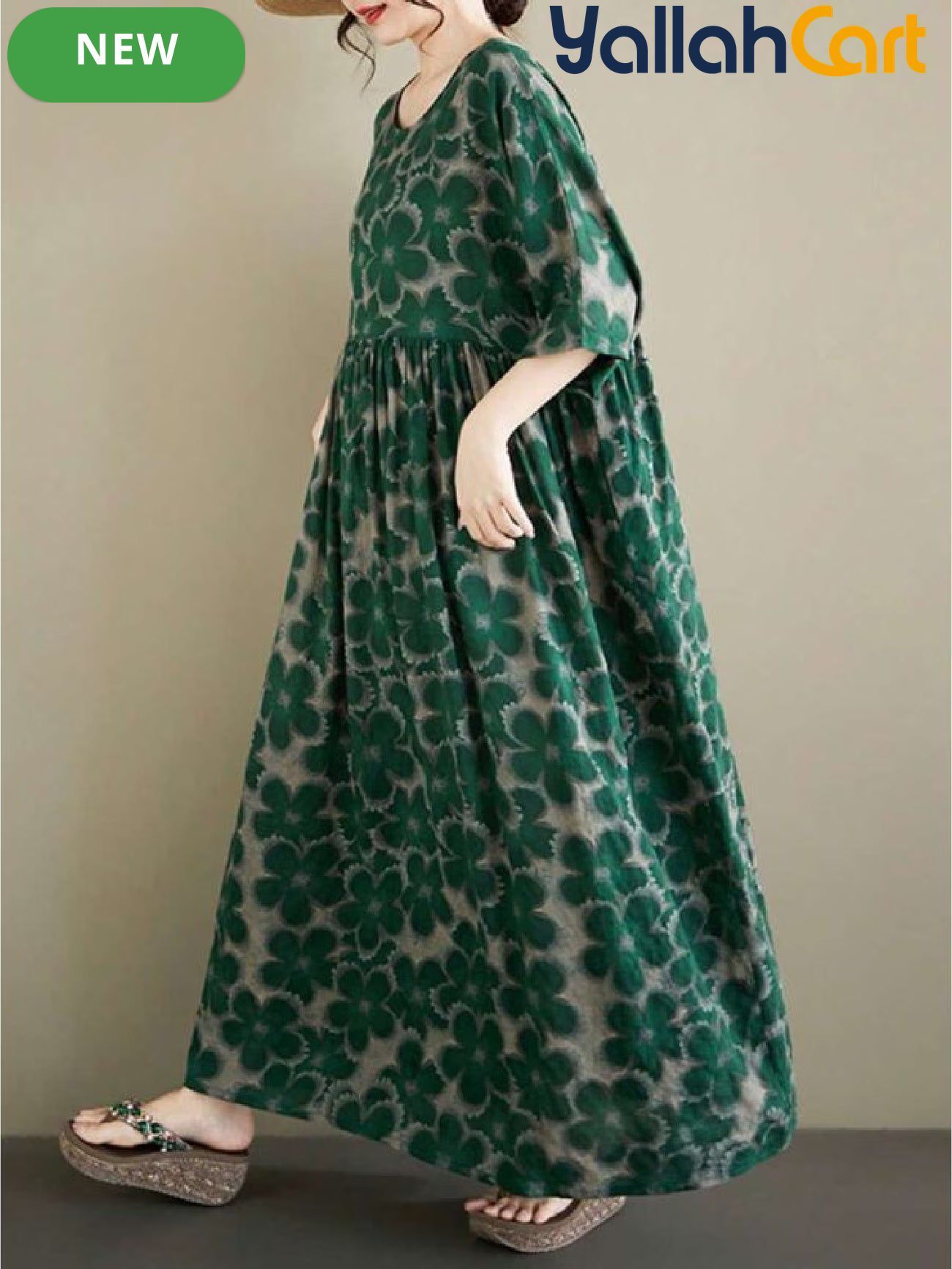 Elegant Long Women's Summer Dress – Green Floral A-Line Dress