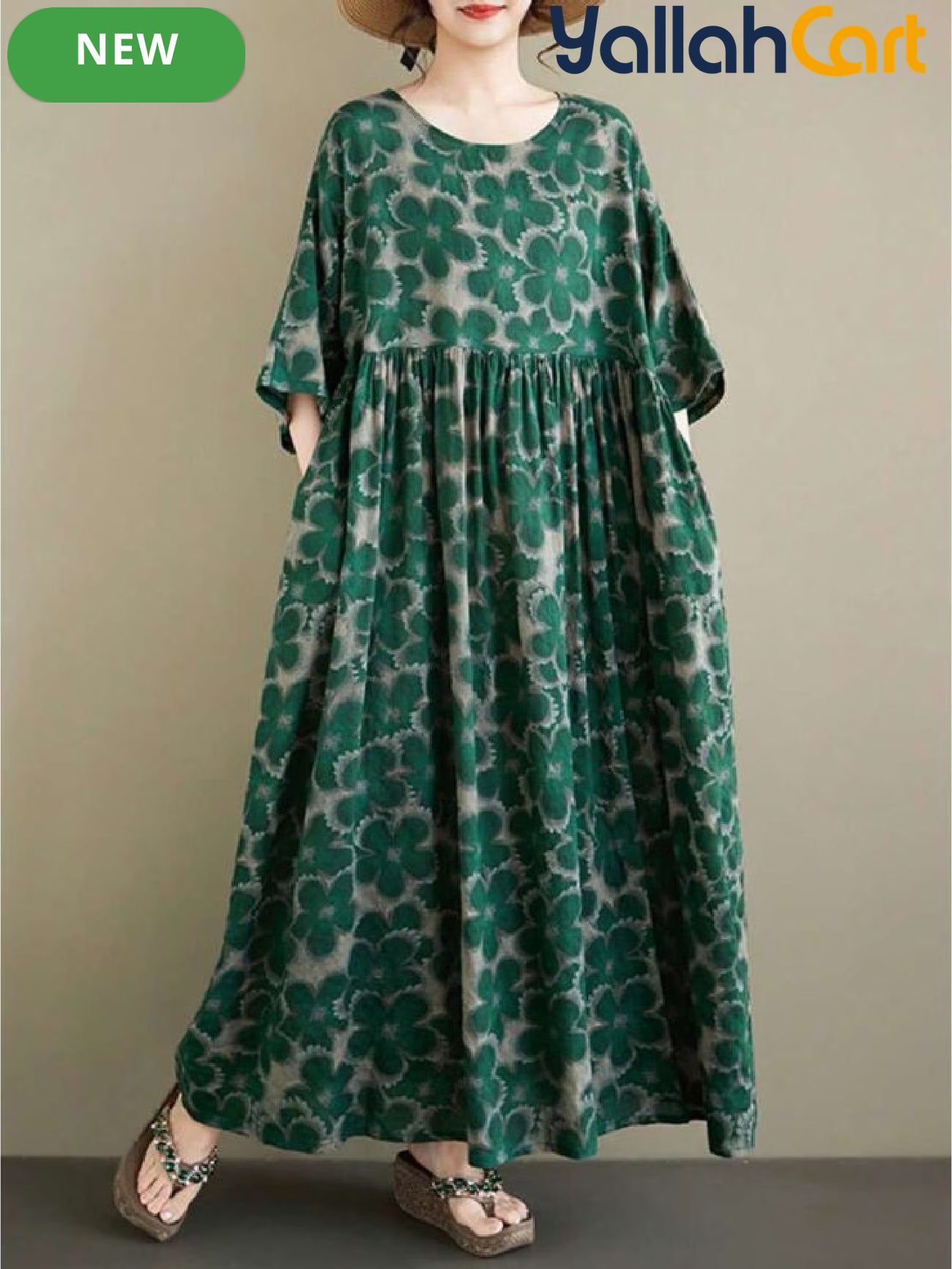 Elegant Long Women's Summer Dress – Green Floral A-Line Dress
