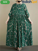 Elegant Long Women's Summer Dress – Green Floral A-Line Dress