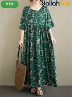 Elegant Long Women's Summer Dress – Green Floral A-Line Dress