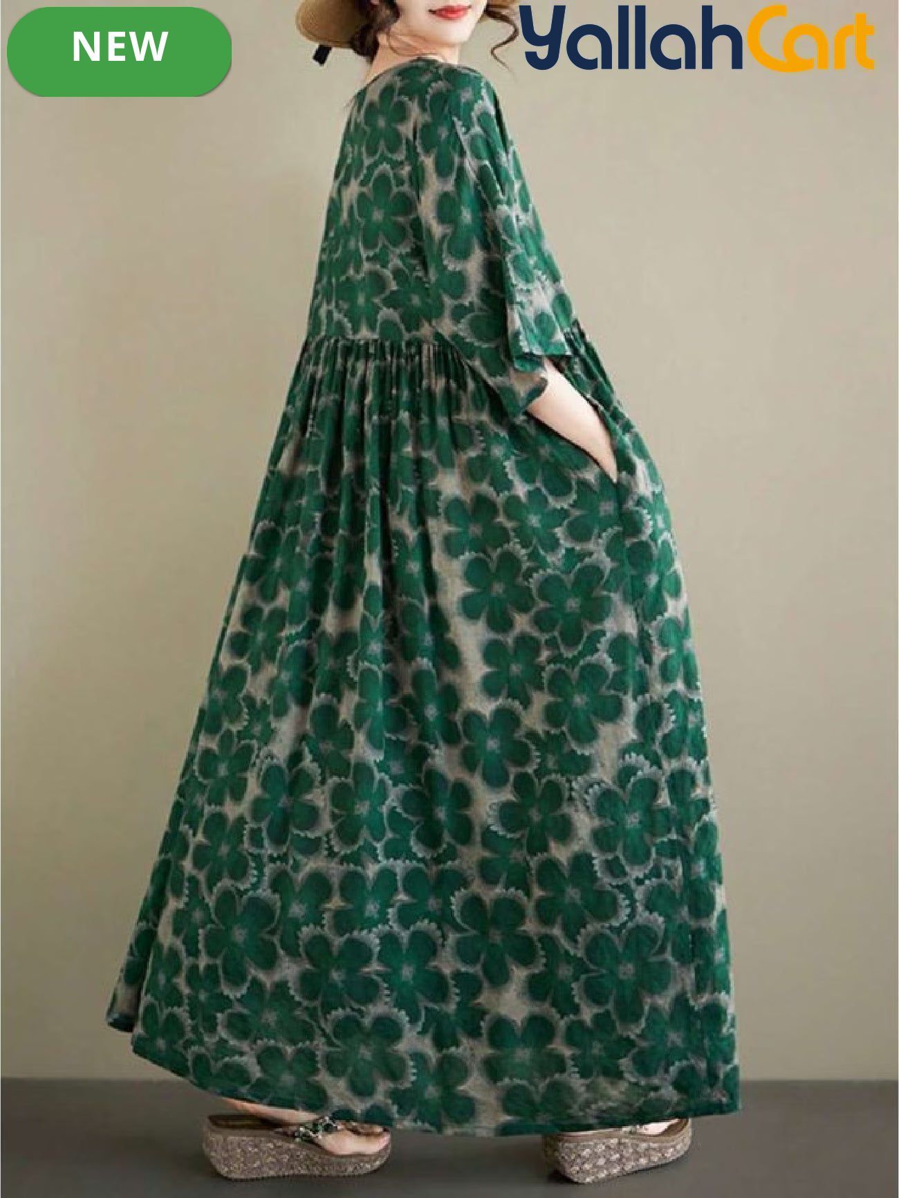 Elegant Long Women's Summer Dress – Green Floral A-Line Dress