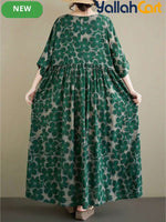 Elegant Long Women's Summer Dress – Green Floral A-Line Dress