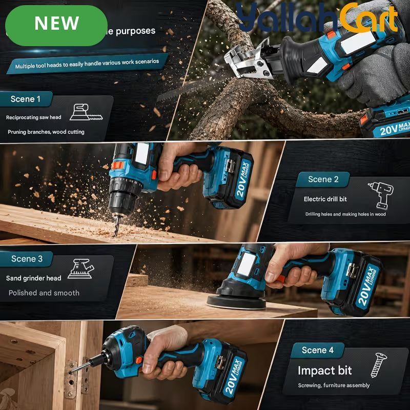 All-in-One Brushless Cordless Power Tool Combo Kit - Blue, 21V 4.0Ah Lithium-Ion Battery, Multi-Functional Woodworking Power Tools, Storage Tool Box, Home DIY & Garden Maintenance Set