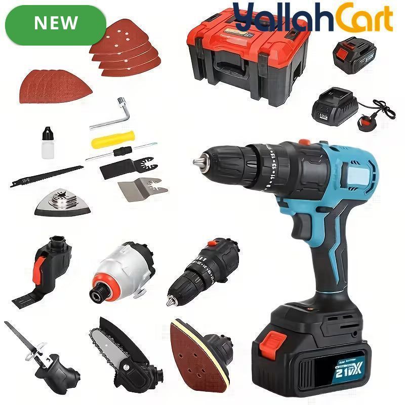 All-in-One Brushless Cordless Power Tool Combo Kit - Blue, 21V 4.0Ah Lithium-Ion Battery, Multi-Functional Woodworking Power Tools, Storage Tool Box, Home DIY & Garden Maintenance Set