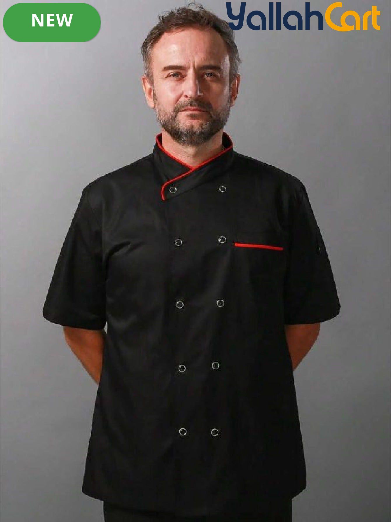 Men’s Short-Sleeve Double-Breasted Chef Jacket in Black (Size: AE XXS) – Breathable Kitchen & Restaurant Uniform
