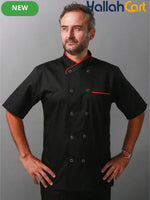 Men’s Short-Sleeve Double-Breasted Chef Jacket in Black (Size: AE XXS) – Breathable Kitchen & Restaurant Uniform