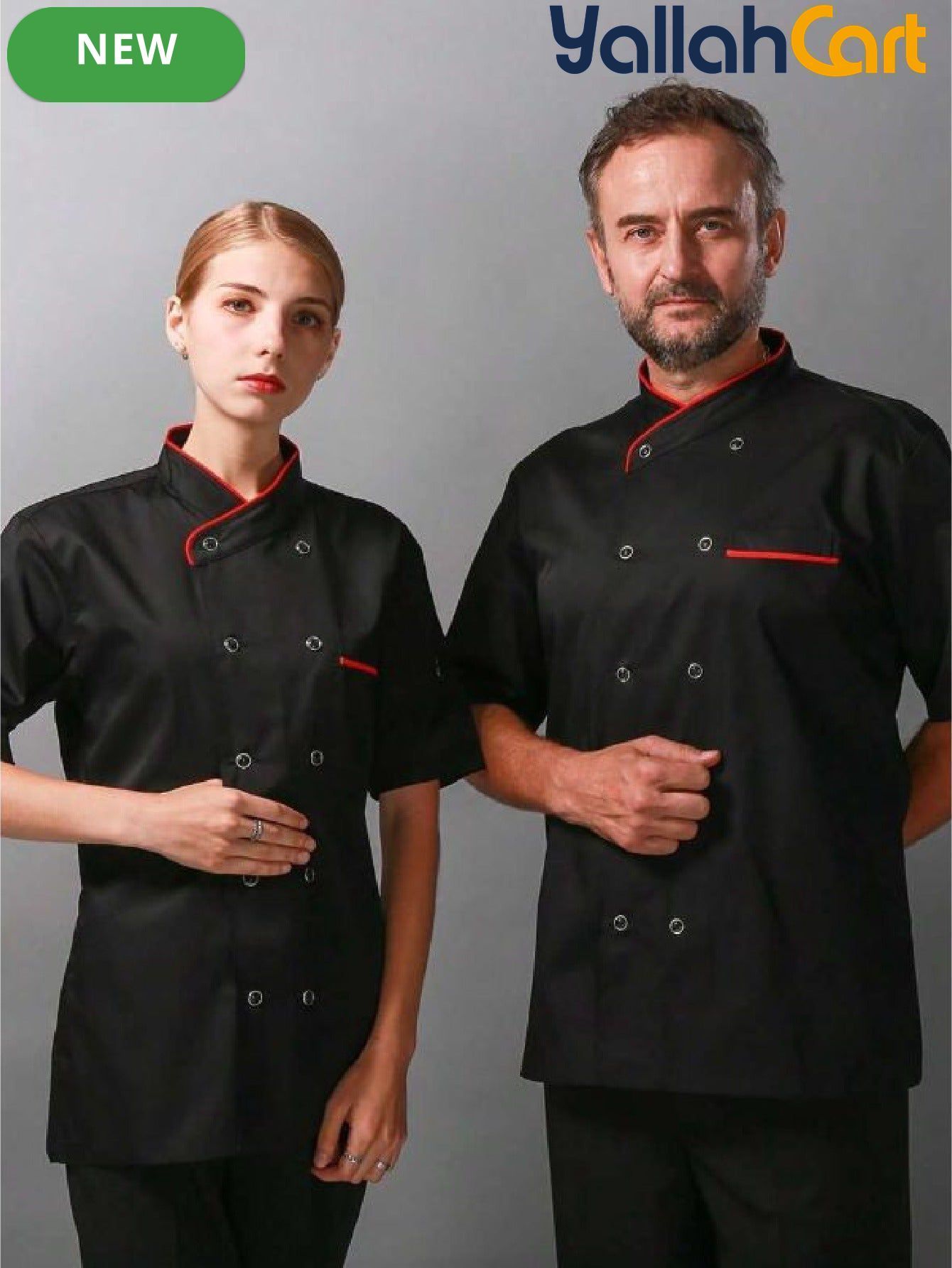 Men’s Short-Sleeve Double-Breasted Chef Jacket in Black (Size: AE XXS) – Breathable Kitchen & Restaurant Uniform