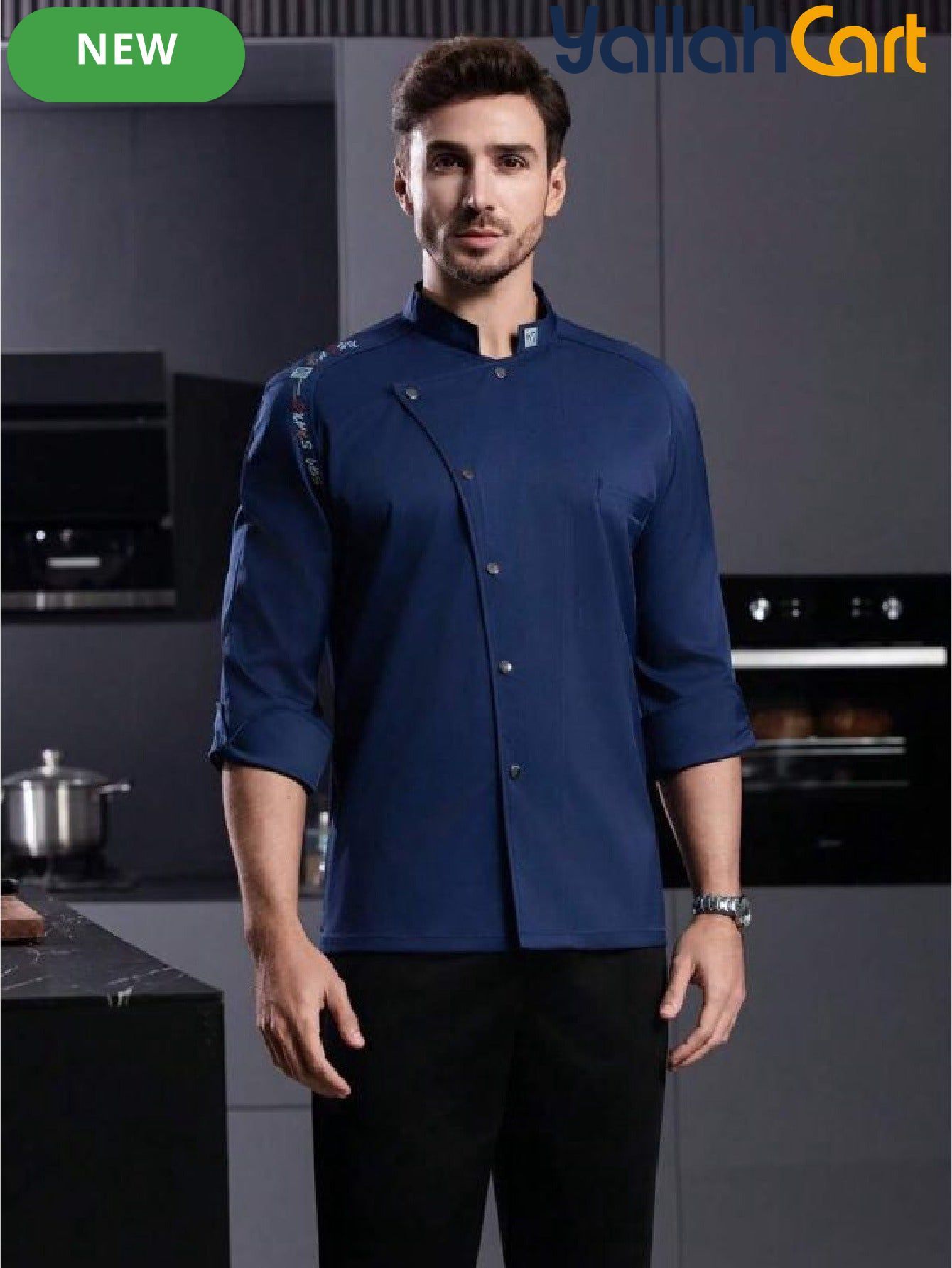 Men’s Blue Long-Sleeve Chef Uniform in Blue (Size: AE XXS) – Professional Luxury Hotel & Restaurant Culinary Jacket