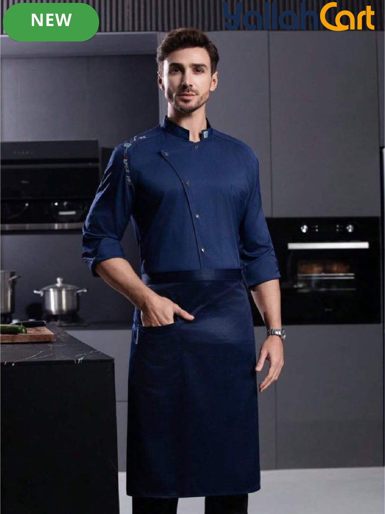 Men’s Blue Long-Sleeve Chef Uniform in Blue (Size: AE XXS) – Professional Luxury Hotel & Restaurant Culinary Jacket
