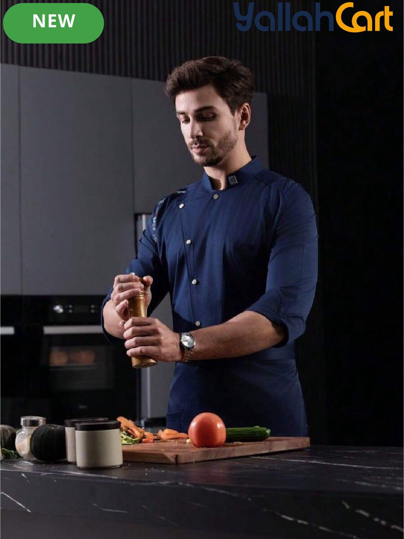 Men’s Blue Long-Sleeve Chef Uniform in Blue (Size: AE XXS) – Professional Luxury Hotel & Restaurant Culinary Jacket