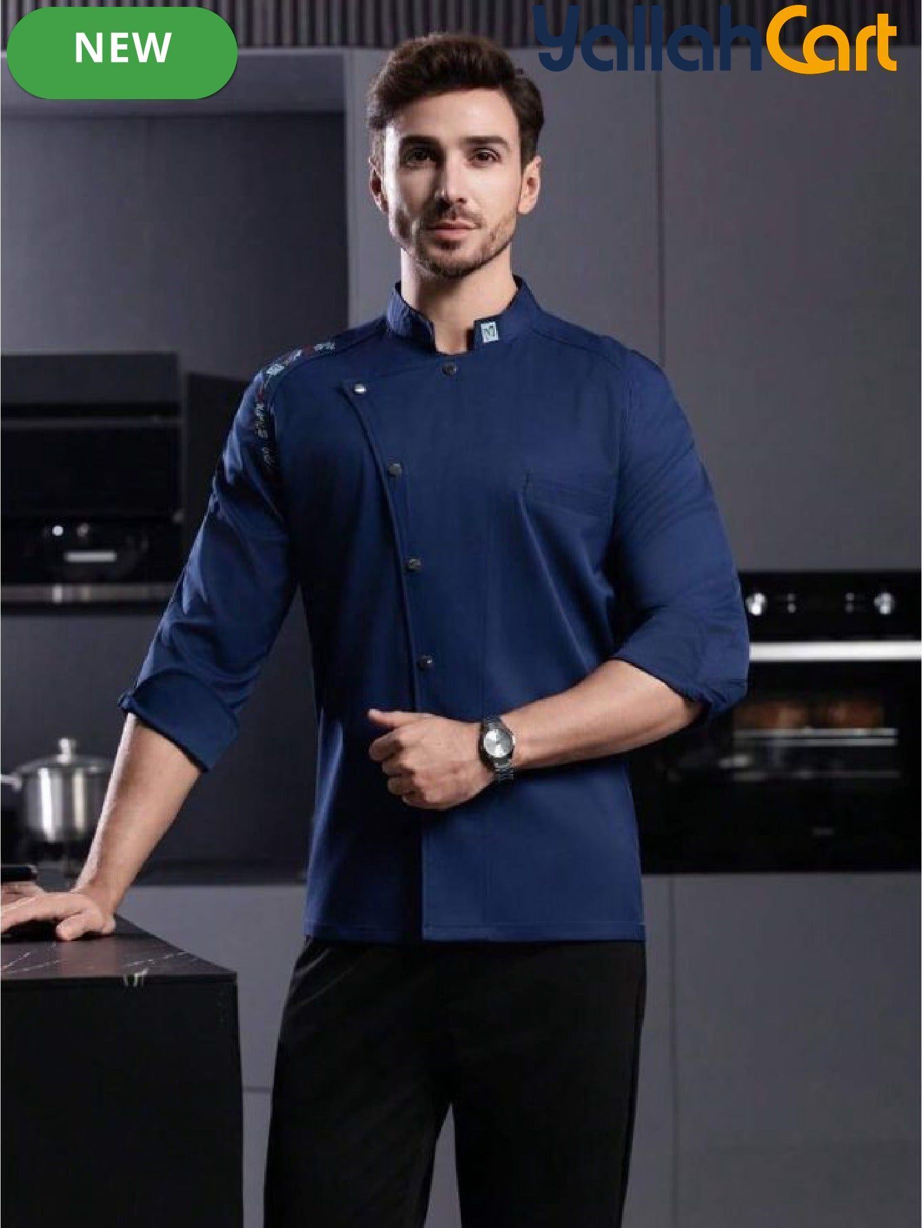 Men’s Blue Long-Sleeve Chef Uniform in Blue (Size: AE XXS) – Professional Luxury Hotel & Restaurant Culinary Jacket
