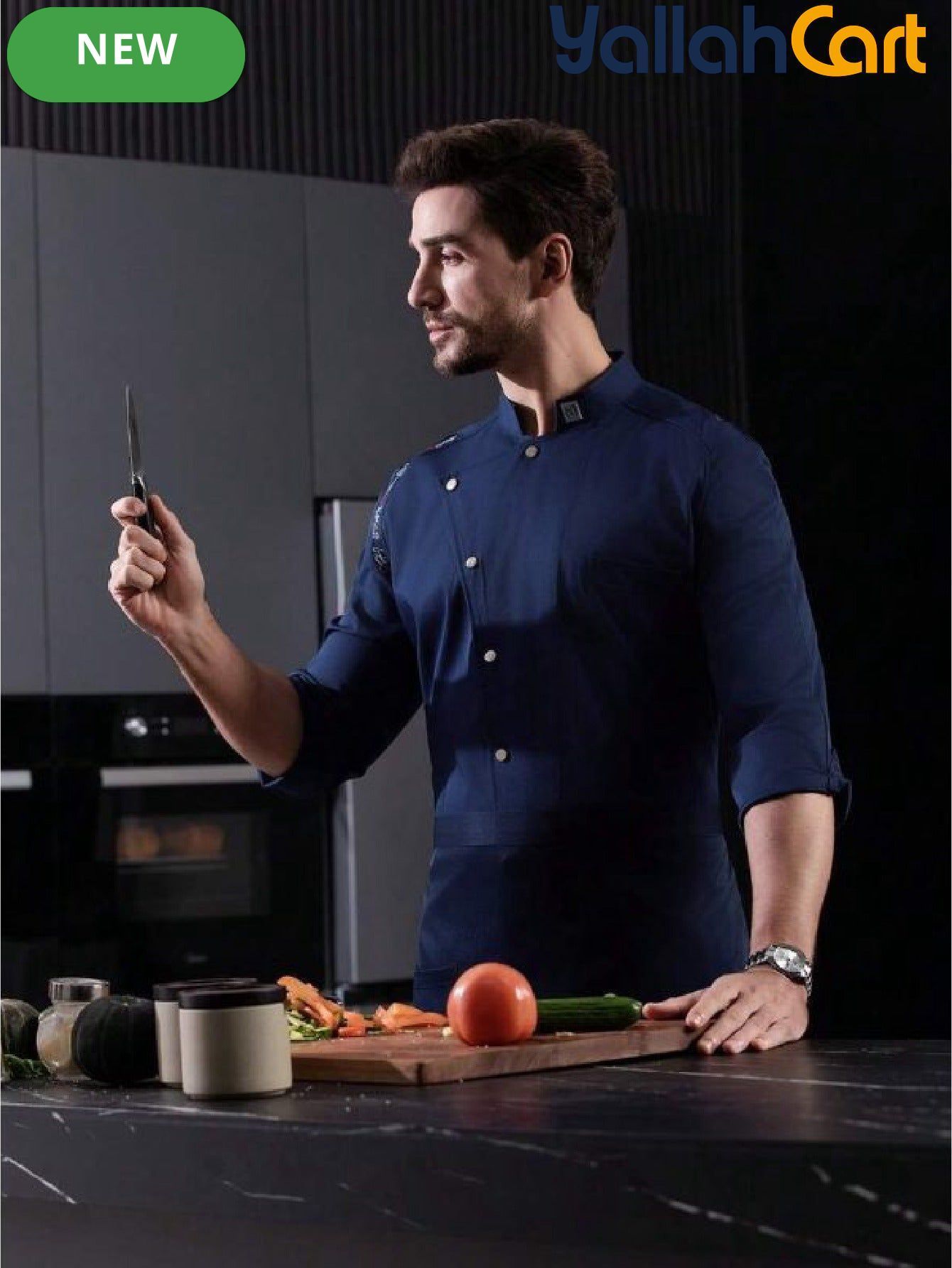 Men’s Blue Long-Sleeve Chef Uniform in Blue (Size: AE XXS) – Professional Luxury Hotel & Restaurant Culinary Jacket
