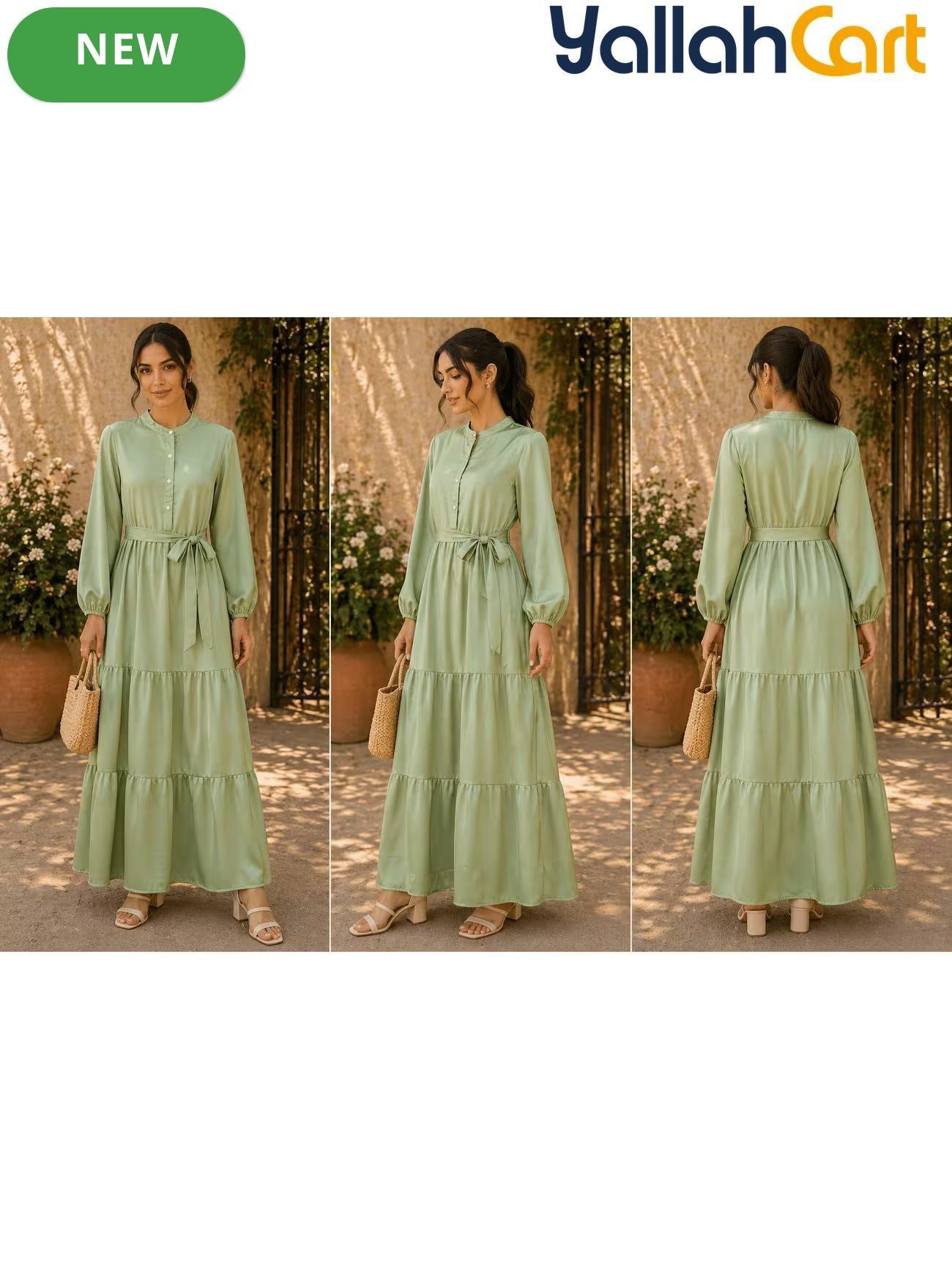 Linelle Sage Green Satin Tiered Casual Dress