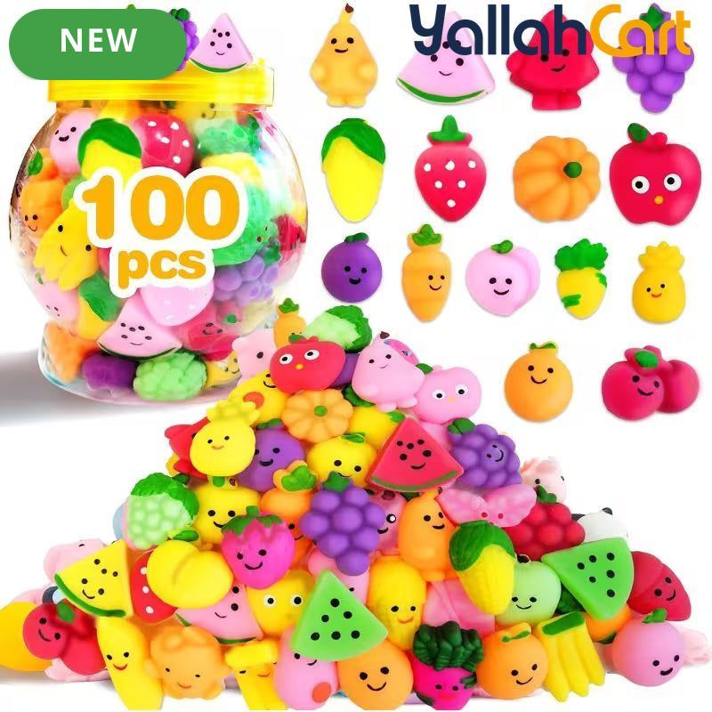 100PCS Fruit Color Kawaii Mochi Squishies Set – Cute Mini Fidget Toys for Stress Relief, Classroom Rewards, Birthday Party Favors & Kids Gift Bags