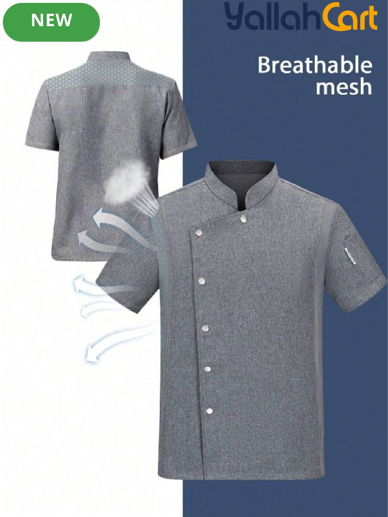 Men’s Short-Sleeve Breathable Gray Chef Jacket in Grey (Size: AE XXS) – Neck Button-Front Summer Mesh Uniform