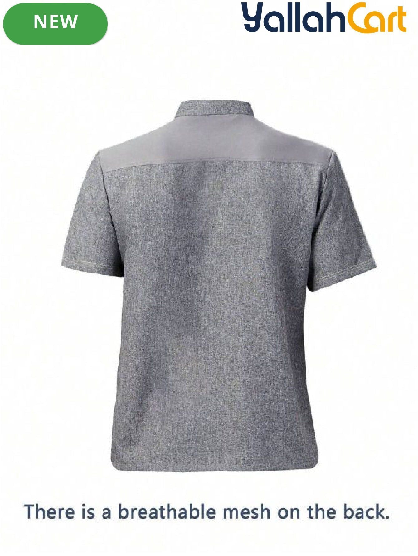 Men’s Short-Sleeve Breathable Gray Chef Jacket in Grey (Size: AE XXS) – Neck Button-Front Summer Mesh Uniform