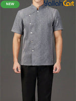 Men’s Short-Sleeve Breathable Gray Chef Jacket in Grey (Size: AE XXS) – Neck Button-Front Summer Mesh Uniform