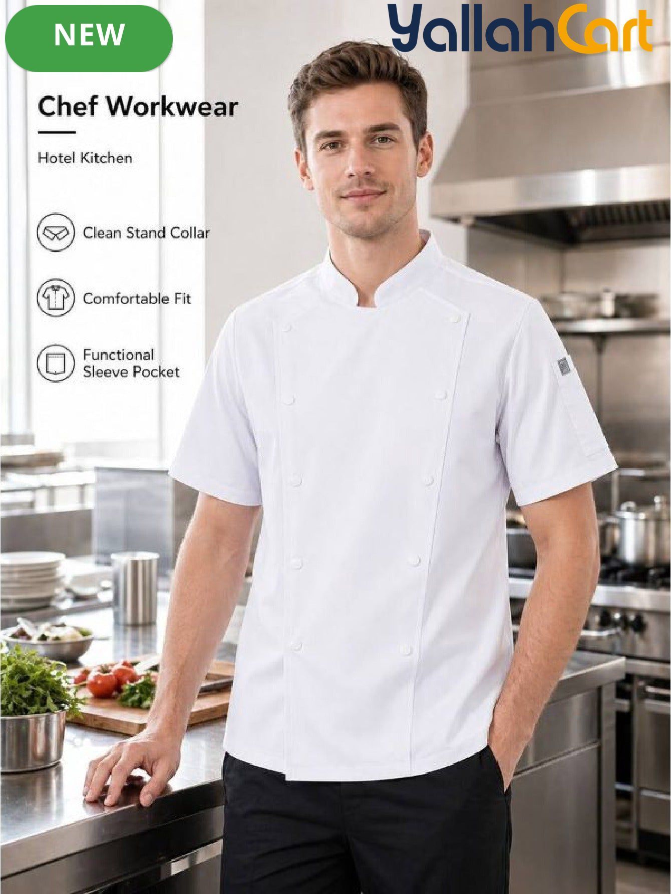 Unisex Short-Sleeve Chef Uniform in White (Size: AE XXS) – Machine Washable Stand-Up Collar Culinary Jacket