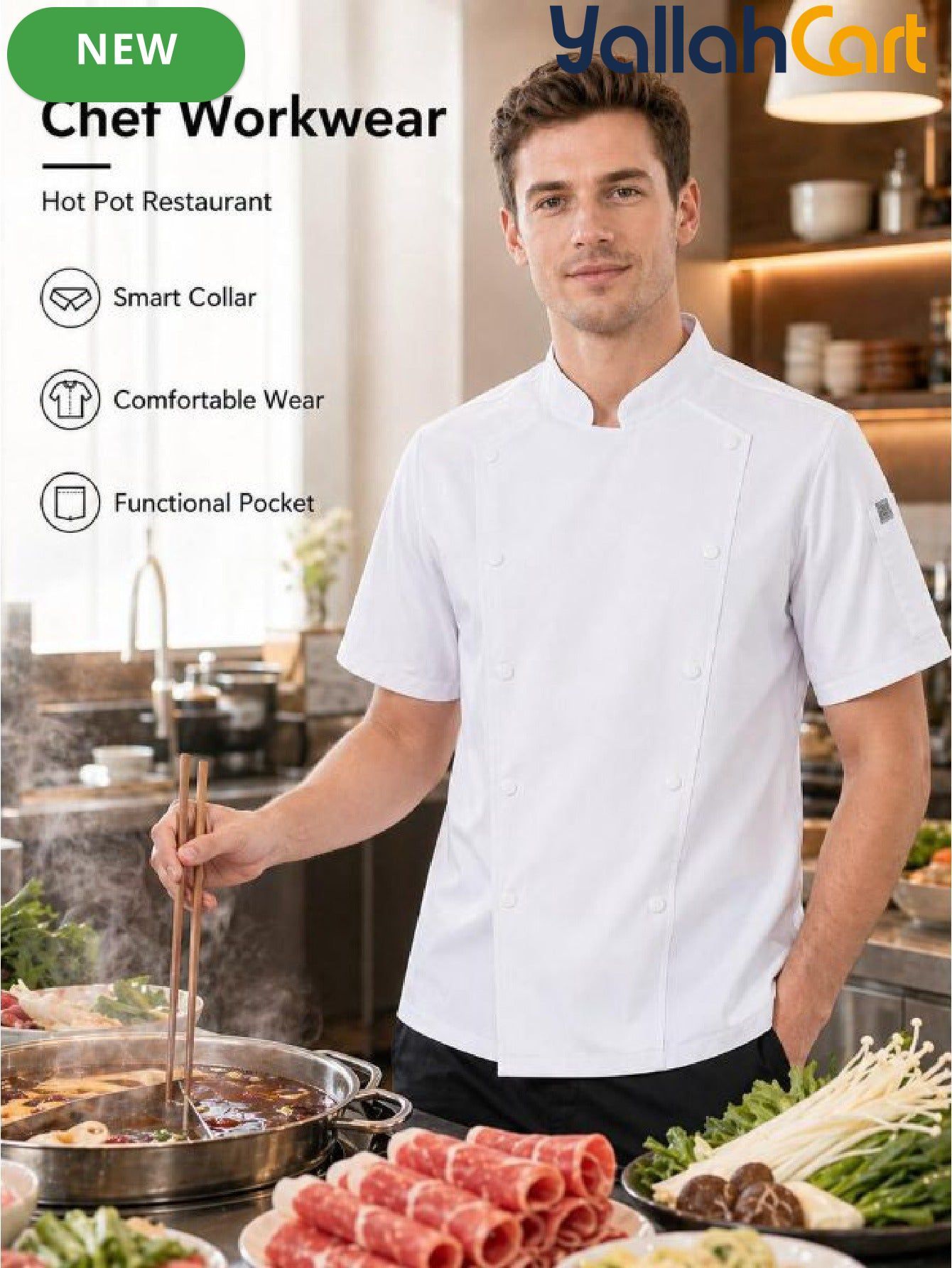 Unisex Short-Sleeve Chef Uniform in White (Size: AE XXS) – Machine Washable Stand-Up Collar Culinary Jacket