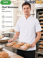 Unisex Short-Sleeve Chef Uniform in White (Size: AE XXS) – Machine Washable Stand-Up Collar Culinary Jacket