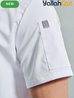 Unisex Short-Sleeve Chef Uniform in White (Size: AE XXS) – Machine Washable Stand-Up Collar Culinary Jacket