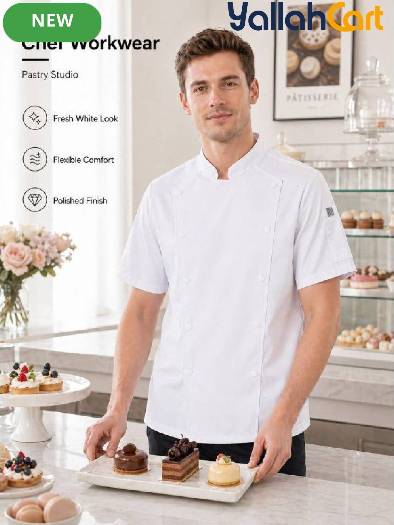 Unisex Short-Sleeve Chef Uniform in White (Size: AE XXS) – Machine Washable Stand-Up Collar Culinary Jacket