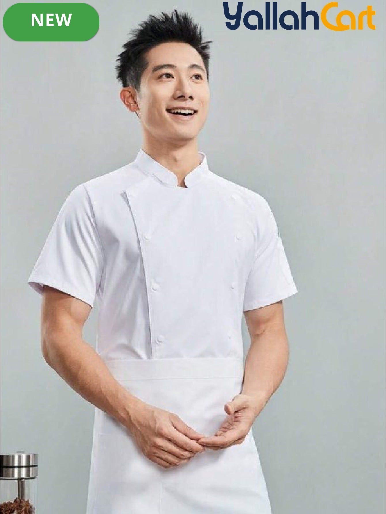 Unisex Short-Sleeve Chef Uniform in White (Size: AE XXS) – Machine Washable Stand-Up Collar Culinary Jacket