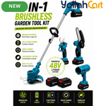 4-in-1 Cordless Garden Tool Kit - 48V, Grass Trimmer, Electric Pruner, Mini Chainsaw & Leaf Blower, Brushless Motor, Quick-Change Attachments, 2 Rechargeable Batteries, Charger & Accessories