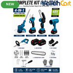 4-in-1 Cordless Garden Tool Kit - 48V, Grass Trimmer, Electric Pruner, Mini Chainsaw & Leaf Blower, Brushless Motor, Quick-Change Attachments, 2 Rechargeable Batteries, Charger & Accessories