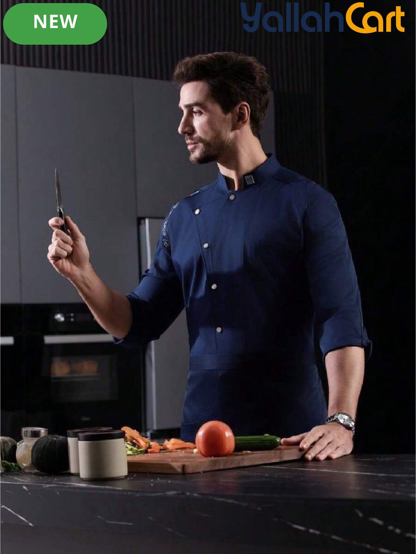 Men’s Blue Long-Sleeve Chef Uniform in Blue (Size: AE XXS) – Professional Luxury Hotel & Restaurant Culinary Jacket