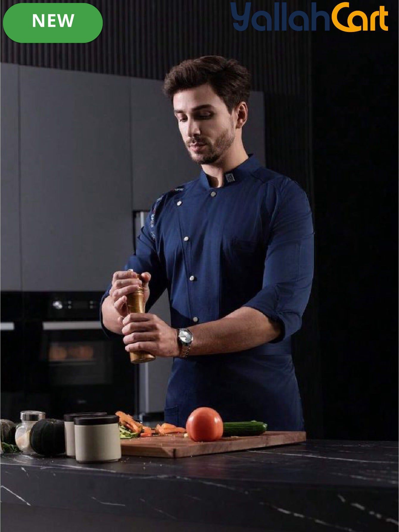 Men’s Blue Long-Sleeve Chef Uniform in Blue (Size: AE XXS) – Professional Luxury Hotel & Restaurant Culinary Jacket