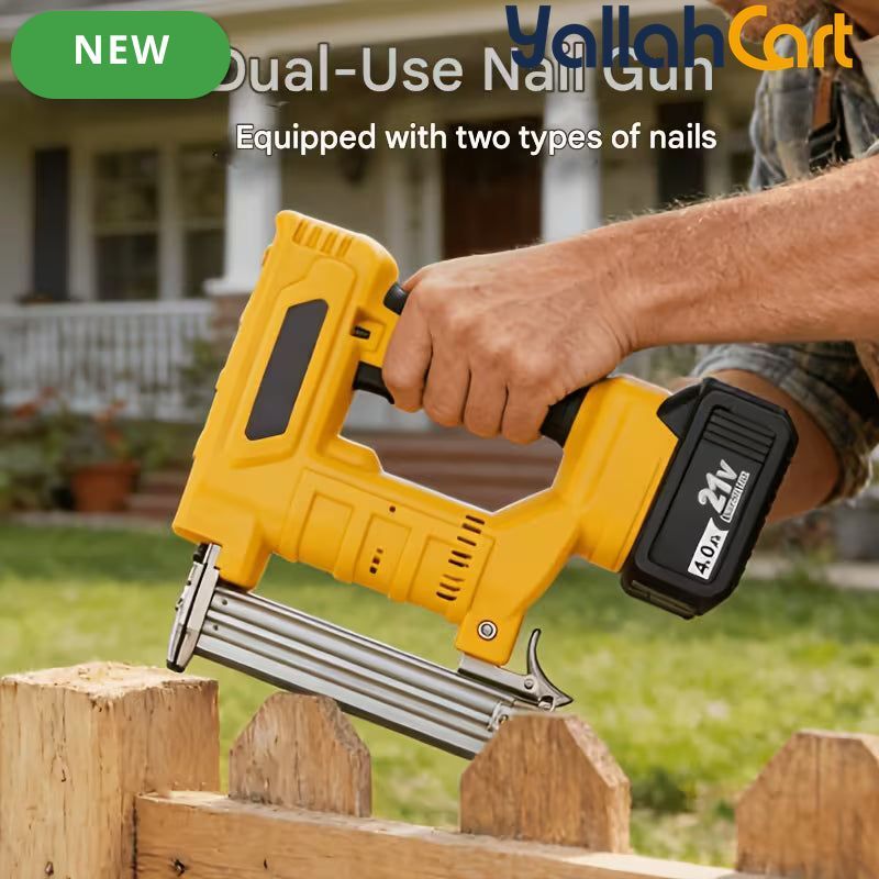 Yellow 21V Cordless Staple Gun Brad Nailer - Electric Nail Gun, Lithium Battery Powered, Fast Charger, 1000 Straight Nails + 1000 Code Nails, Portable Stapler Tool, Handheld Nailing Gun with Storage Case for Woodworking, Furniture And DIY Projects