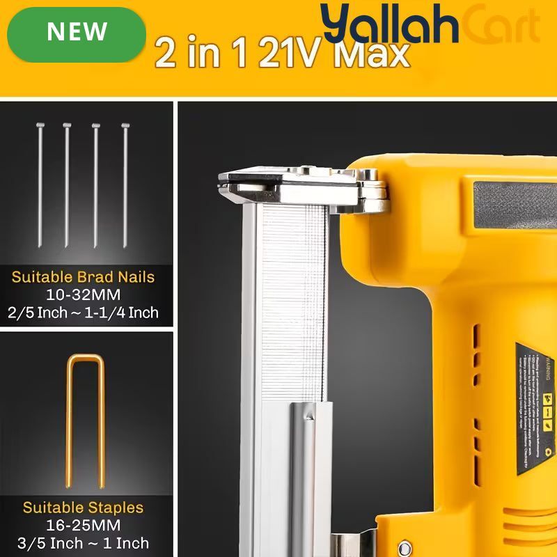 Yellow 21V Cordless Staple Gun Brad Nailer - Electric Nail Gun, Lithium Battery Powered, Fast Charger, 1000 Straight Nails + 1000 Code Nails, Portable Stapler Tool, Handheld Nailing Gun with Storage Case for Woodworking, Furniture And DIY Projects