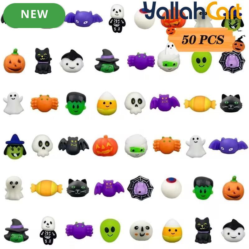 50PCS Mixed Color Halloween Foam Toys – Cute Mochi-Style Stress Relief Fidget Toys with Assorted Halloween Characters for Party Favors, Trick-or-Treat Bags & Classroom Prizes