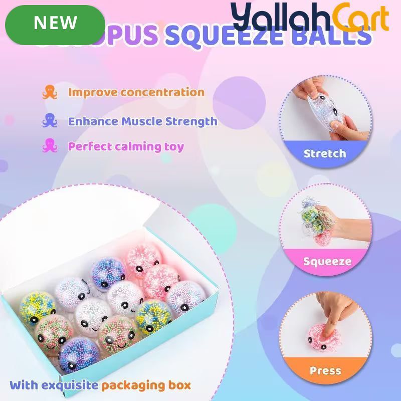 12-Pack Mixed Color Octopus Pressure Balls – Large Sponge Sensory Fidget Toys for Kids & Adults, Stress Relief Squeeze Balls, Classroom Prizes & Party Favors