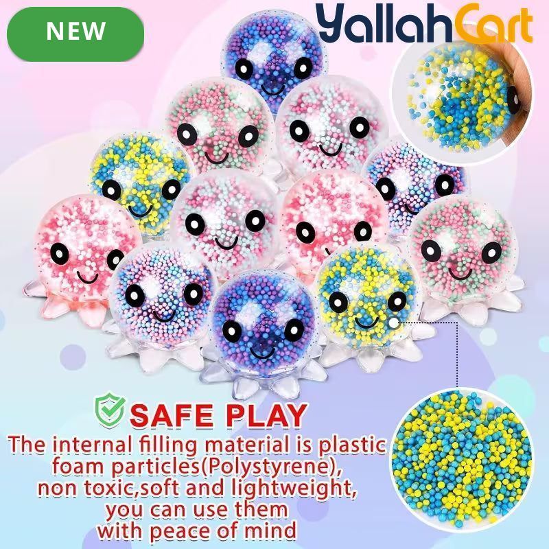 12-Pack Mixed Color Octopus Pressure Balls – Large Sponge Sensory Fidget Toys for Kids & Adults, Stress Relief Squeeze Balls, Classroom Prizes & Party Favors
