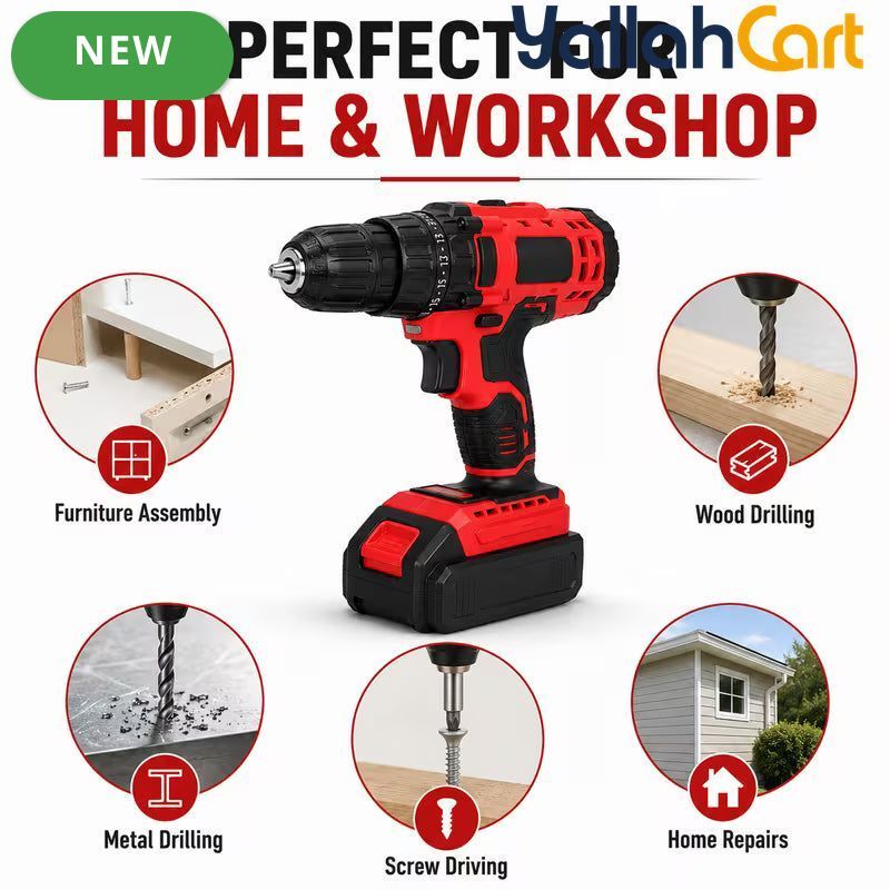 Red & Black 18V Cordless Drill Driver Kit - 13mm Keyless Chuck, Rechargeable Battery Powered, 2 Batteries, Ergonomic Electric Power Drill, ABS & Metal Construction, Portable Tool Set with Carry Case for Home, Woodworking And DIY Projects
