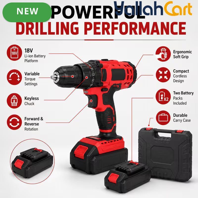 Red & Black 18V Cordless Drill Driver Kit - 13mm Keyless Chuck, Rechargeable Battery Powered, 2 Batteries, Ergonomic Electric Power Drill, ABS & Metal Construction, Portable Tool Set with Carry Case for Home, Woodworking And DIY Projects