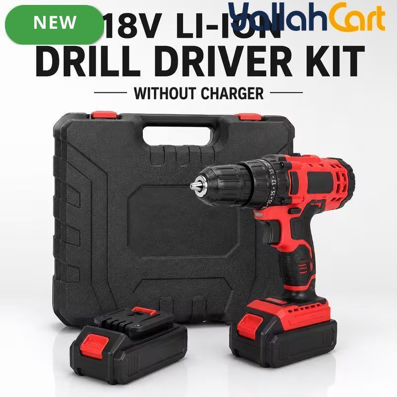 Red & Black 18V Cordless Drill Driver Kit - 13mm Keyless Chuck, Rechargeable Battery Powered, 2 Batteries, Ergonomic Electric Power Drill, ABS & Metal Construction, Portable Tool Set with Carry Case for Home, Woodworking And DIY Projects