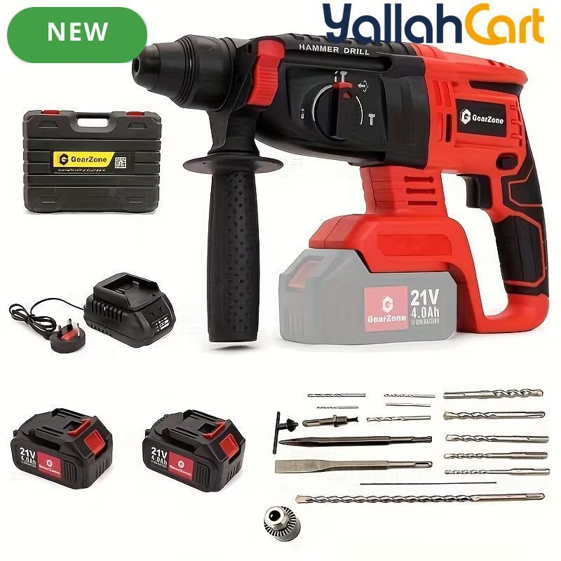 Red 1-1/4-Inch Cordless Rotary Hammer Drill - Brushless Motor, 3-Function Electric Hammer for Concrete, Safety Clutch, 2pcs Rechargeable Batteries, 15-Piece Drill Bit Set, Portable Toolbox for Construction, Masonry And DIY Projects