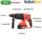 Red 1-1/4-Inch Cordless Rotary Hammer Drill - Brushless Motor, 3-Function Electric Hammer for Concrete, Safety Clutch, 2pcs Rechargeable Batteries, 15-Piece Drill Bit Set, Portable Toolbox for Construction, Masonry And DIY Projects