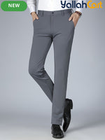 Men’s Summer Stretch Business Casual Pants in Silvery Grey (Size: AE 34) – Lightweight Wrinkle-Free Straight-Leg Slim Fit Office Trousers