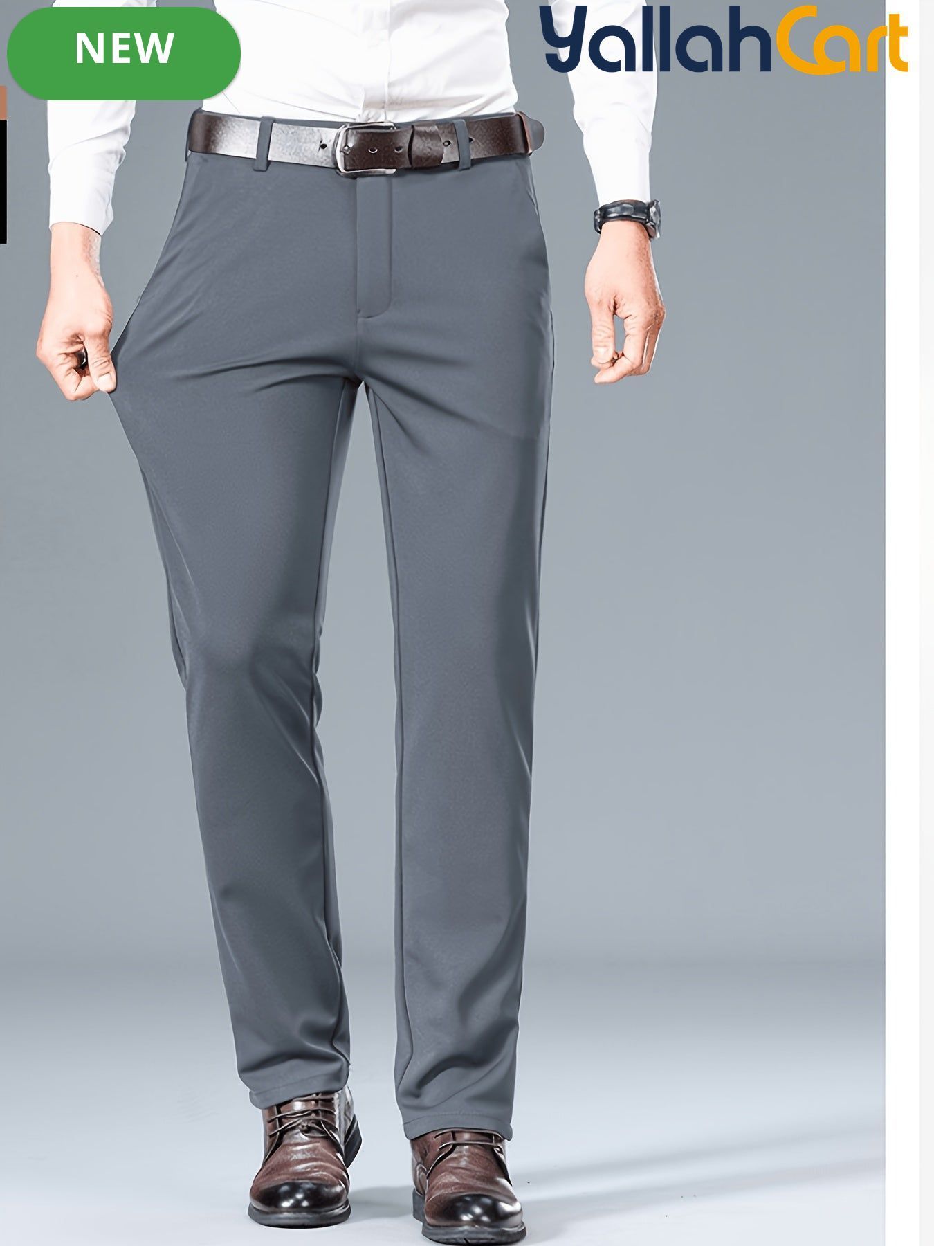 Men’s Summer Stretch Business Casual Pants in Silvery Grey (Size: AE 34) – Lightweight Wrinkle-Free Straight-Leg Slim Fit Office Trousers